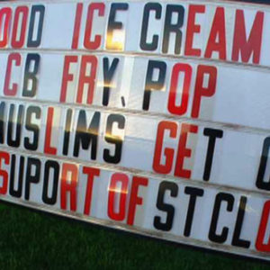 This Monday, Sept. 19, 2016, photo from video by KSTP-TV shows a sign outside the Treats Family Restaurant in Lonsdale, Minn., with the words "Muslims Get Out." Some residents in the small community south of the Twin Cities say the sign outside owner Dan Ruedinger's business is giving the city a bad name. The message follows a stabbing attack Saturday, Sept. 17 by a Somali man at a St. Cloud mall that authorities are investigating as a potential act of terrorism. (KSTP-TV via AP)