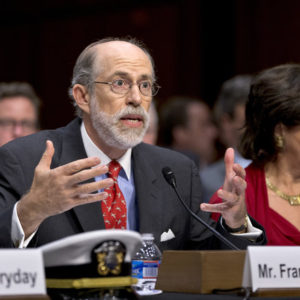 Frank Gaffney, founder and CEO of the Center for Security Policy, left, accompanied by Elisa Massimino, president of Human Rights First, right, testifies on Capitol Hill in Washington, Wednesday, July 24, 2013, before the  Senate Judiciary subcommittee on Constitution, Civil Rights & Human Rights hearing on the fate of prisoners at the Guantanamo Detention Center.  (AP Photo/J. Scott Applewhite)